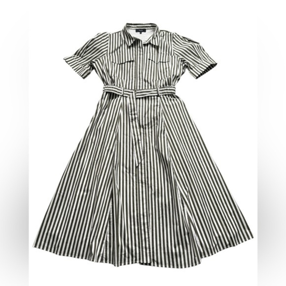 Basque cotton white and army green stripped collard belted lined dress size 16.